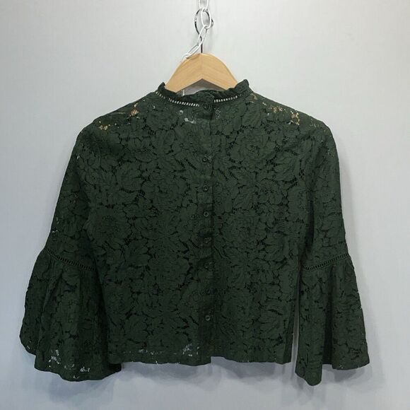 Jack BB Dakota Women’s Lace Boxy Crop Top Size Small Mountain Green Bell Sleeve - Picture 3 of 13